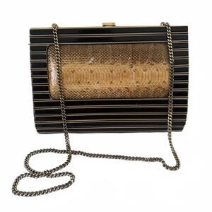 Vintage Real Snakeskin Brown Celluloid Striped Clutch with Gold Chain Strap